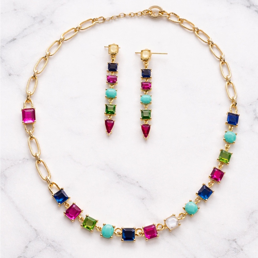 RJ Graziano Elegant Gold Multicolor Crystal Necklace and Earring Set New